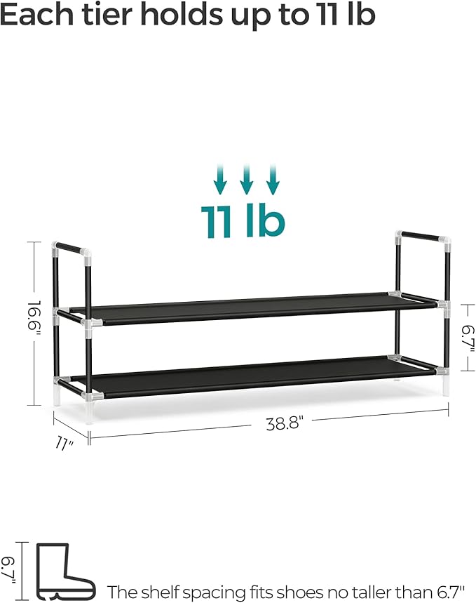 SONGMICS 2-Tier Shoe Rack, Shoe Storage for Hallway Closet, Slim and Space-Saving, Metal Frame, Non-Woven Fabric Shelves, Bla