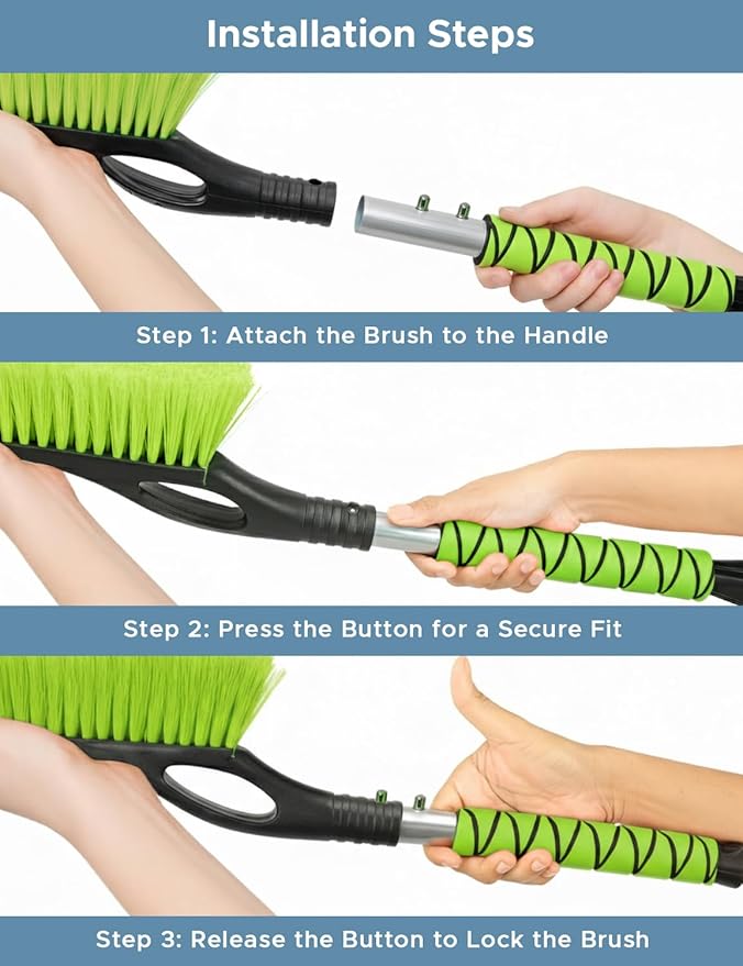 27" Snow Brush and Ice Scrapers for Car Windshield (1 Pack), Window Ice and Snow Scraper with Ergonomic Foam Grip, Snow Windshield Scraper with Aluminum Body, Winter Car Accessories (Green)