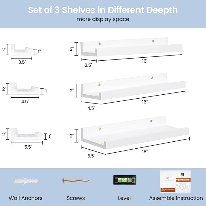 Picture Ledge Shelf for Wall, 16 inches Solid Pine Wood Nursery Book Shelves 3 Packs, Floating Ledge Shelves for Kids' Room B