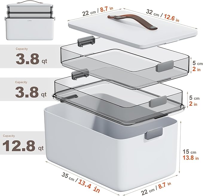 Spreezy 3-Tier Medicine Organizer with Clear Compartments, Portable Stackable Storage Box with Handle for Pills, Bandages & E
