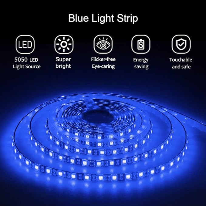 ALITOVE Blue LED Light Strip 32.8ft Waterproof IP65 10M 600 LEDs 60 LEDs/M 5050 SMD Black PCB DC 12V with Enhanced 3M VHB Foam Tape for Home Garden Decoration Lighting, 2X 16.4ft, No Power Supply