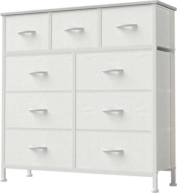 DUMOS Dresser for Bedroom, Storage Organizer with 9 Drawers, Chest of Drawers with Fabric Bins, Sturdy Metal Frame, Wood Tabl