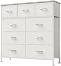 DUMOS Dresser for Bedroom, Storage Organizer with 9 Drawers, Chest of Drawers with Fabric Bins, Sturdy Metal Frame, Wood Tabl