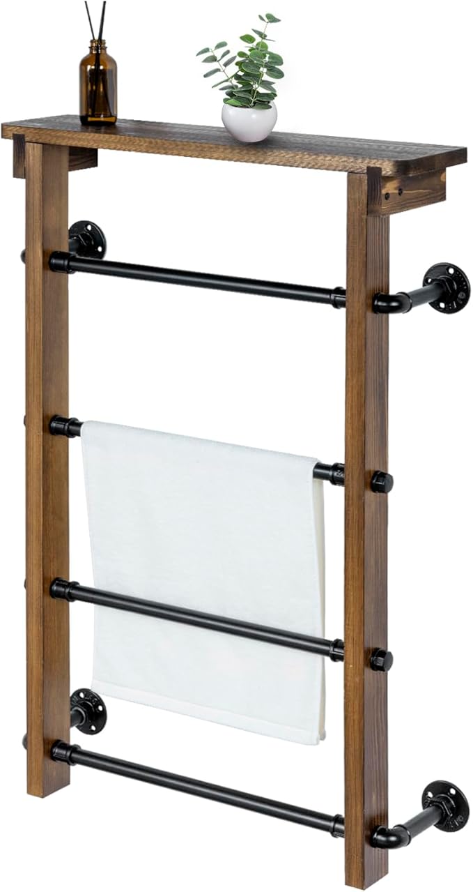 MyGift 4-Tier Wall Mounted Towel Rack Ladder with Top Storage Shelf, Rustic Burnt Solid Wood Hanging Towel Holder with 4 Blac
