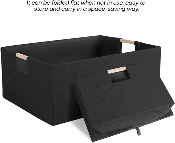 Fabric Storage Bin Box Foldable Cotton Linen Storage Basket with Wooden Handles Rectangular Cube Decorative Home Laundry Orga