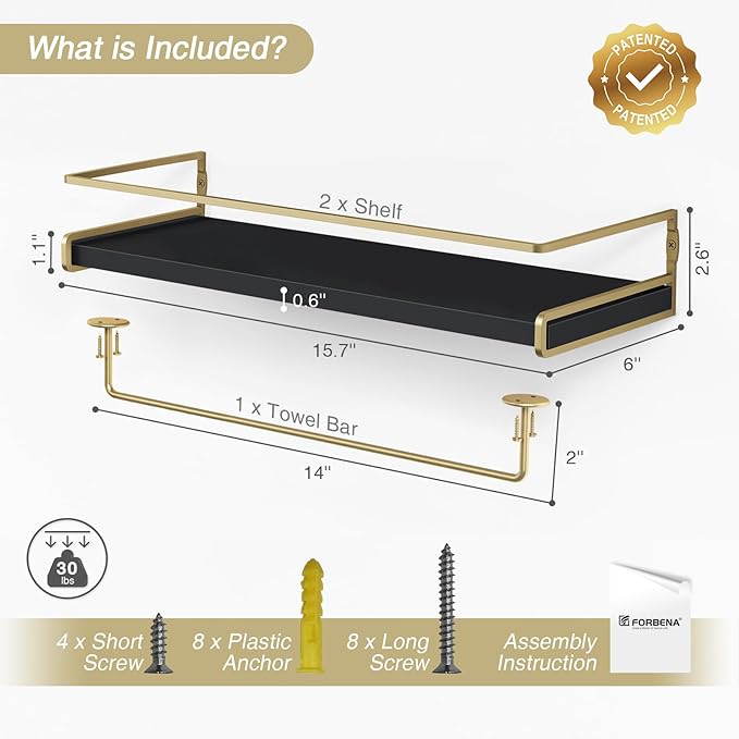 Forbena Black and Gold Bathroom Floating Shelves for Wall, Decorative Wall Mounted Shelves for Kitchen Coffee Bar Station Org