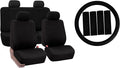 FH Group Car Seat Covers Flat Cloth Automotive Black Full Set, Rear Solid Bench Universal Fit Combo Steering Wheel Cover & Seat Belt Pads Car Seat Protector for Cars Trucks SUV Interior Accessories
