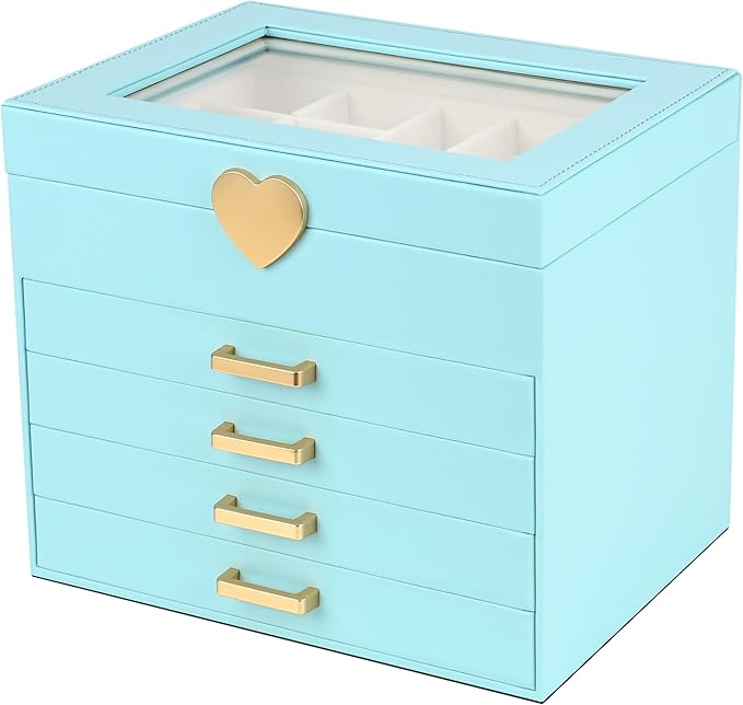 Kendal Jewelry Box, 5-Layer Jewelry Organizer Box with Glass Lid, Blue, Heart Shaped PU Leather, Storage Box for Necklace Ear