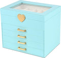 Kendal Jewelry Box, 5-Layer Jewelry Organizer Box with Glass Lid, Blue, Heart Shaped PU Leather, Storage Box for Necklace Ear