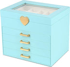 Kendal Jewelry Box, 5-Layer Jewelry Organizer Box with Glass Lid, Blue, Heart Shaped PU Leather, Storage Box for Necklace Ear