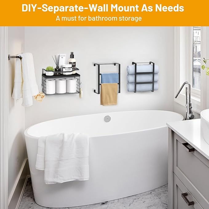Towel Racks for Bathroom Black, 34IN Rolled Towel Holder, Towel Rack Wall Mounted with 2 Pack Shelf and a Wire Basket, Bathro