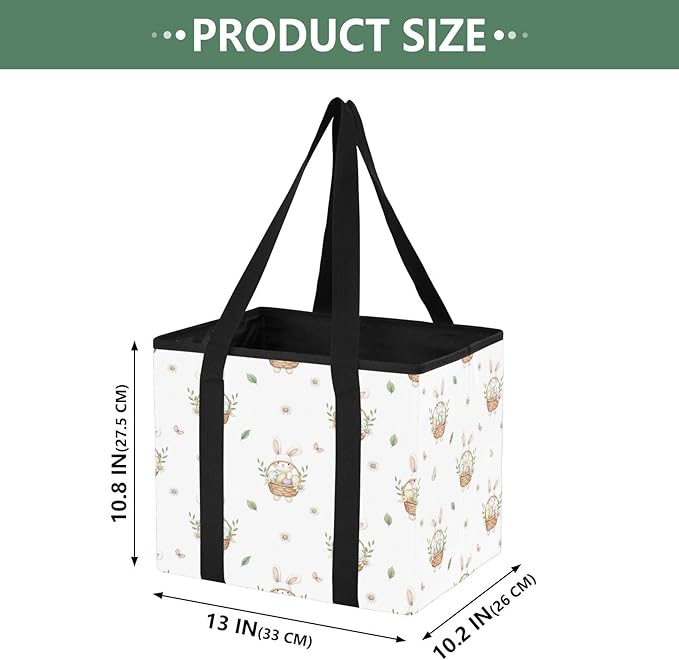 Bunny Easter Reusable Grocery Bags Large Shopping Tote Bag with Reinforced Bottom Board, Water Resistant Foldable Storage Bag