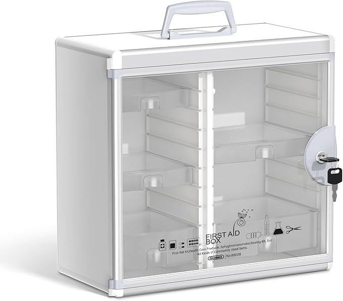 Glosen Medicine Cabinet Locking Medicine Cabinet Wall Mounted【 Silver 13.6 x 13.4 x 6.5 Inch 】 Portable Storage Container Big