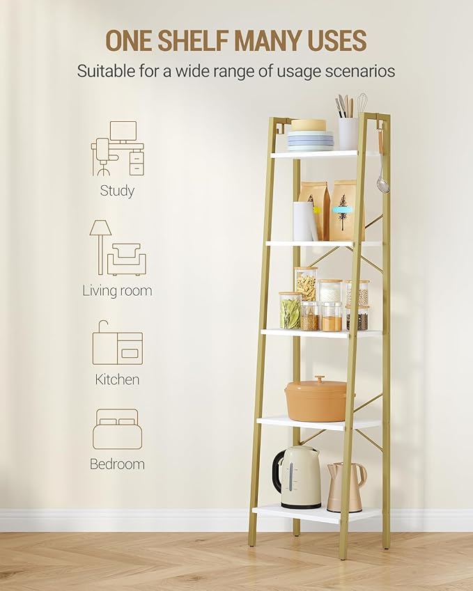 Hzuaneri Ladder Shelf, Bookshelf Bookcase, Freestanding Corner Storage Shelve with 2 Hooks for Home Office, Living Room, Kitc