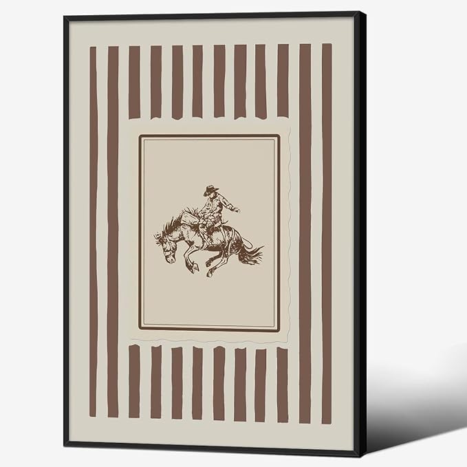Vintage Western Black Framed Wall Art Striped Rodeo Decor Southwest Cowboy Poster Canvas Prints Retro Stamp Mid West Mid Cent