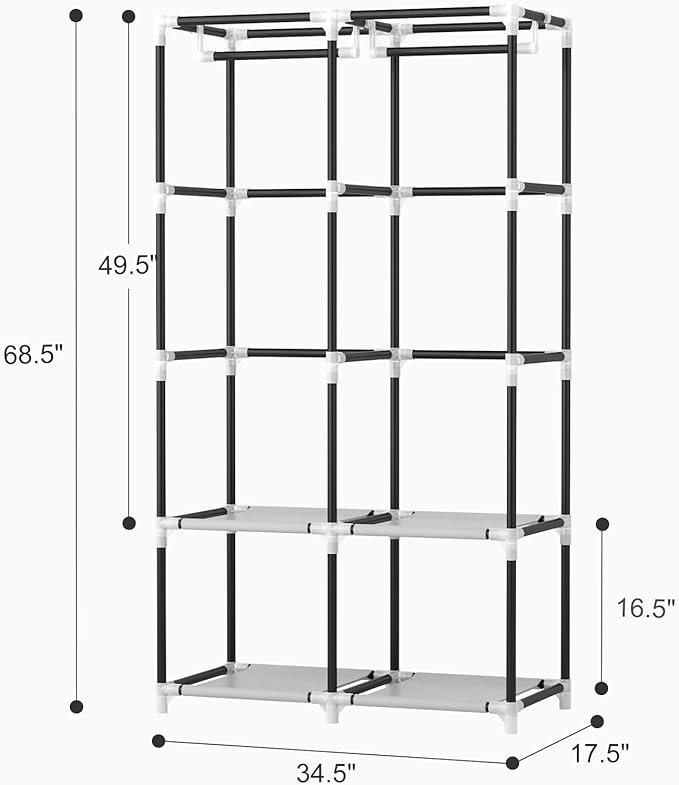 VTRIN Portable Closet Wardrobe for Hanging Clothes with 4 Storage Shelves, 2 Hanging Rods and 6 Pockets, Stable and Easy Asse