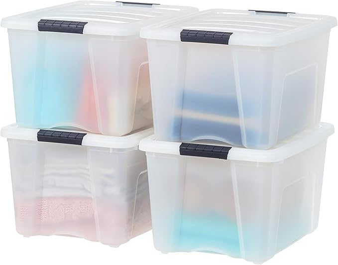 IRIS USA 40 Qt Stackable Plastic Storage Bins with Lids, 4 Pack - BPA-Free, Made in USA - Discreet Organizing Solution, Latch