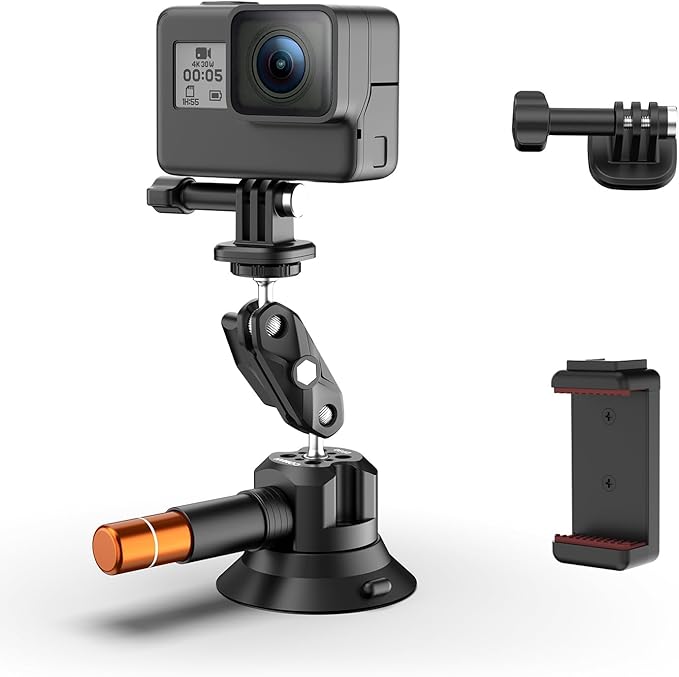 COMAN 3'' Suction Cup Camera Mount with Ball Head Magic Arm, Metal Camera Suction Mount for Action Cameras iPhone, Quick Release Car Mount with 1/4" & 3/8" Mounting Holes for Car Windshield Window
