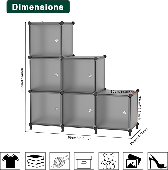 6-Cube Storage Unit with Doors, Cube Organizer for Bedroom, Wardrobe & Under Stairs, 30x30x30cm Compartments, Space-Saving Cl