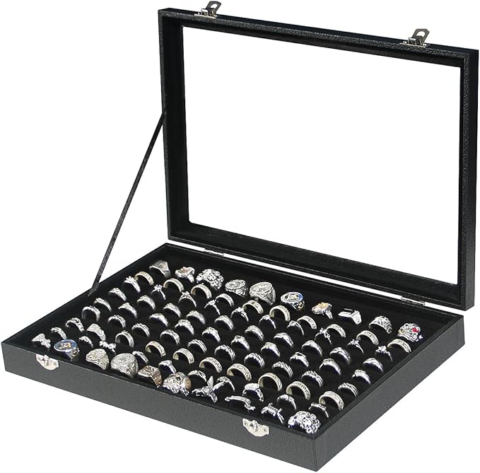 Coward Ring Organizer Jewelry Box, Black Velvet 100 Slots Ring Display Tray Case with Transparent Glass Lid for Home Use or S
