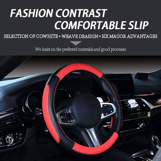 Car Steering Wheel Cover with Durable PU Leather, Universal 15 inch Fit for Car Truck SUV, Breathable Anti Slip Auto Steering Wheel Covers for Men and Women