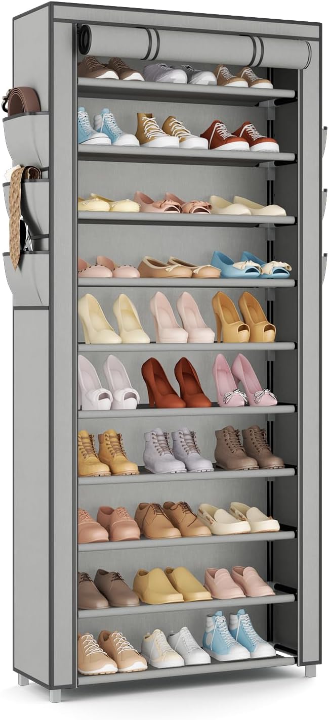 VTRIN Vertical Narrow Shoe Rack Organizer Tall Shoe Rack for Closet Entryway 10 Tier Non-Woven Cover Shoe Shelf Holds 36-41 P