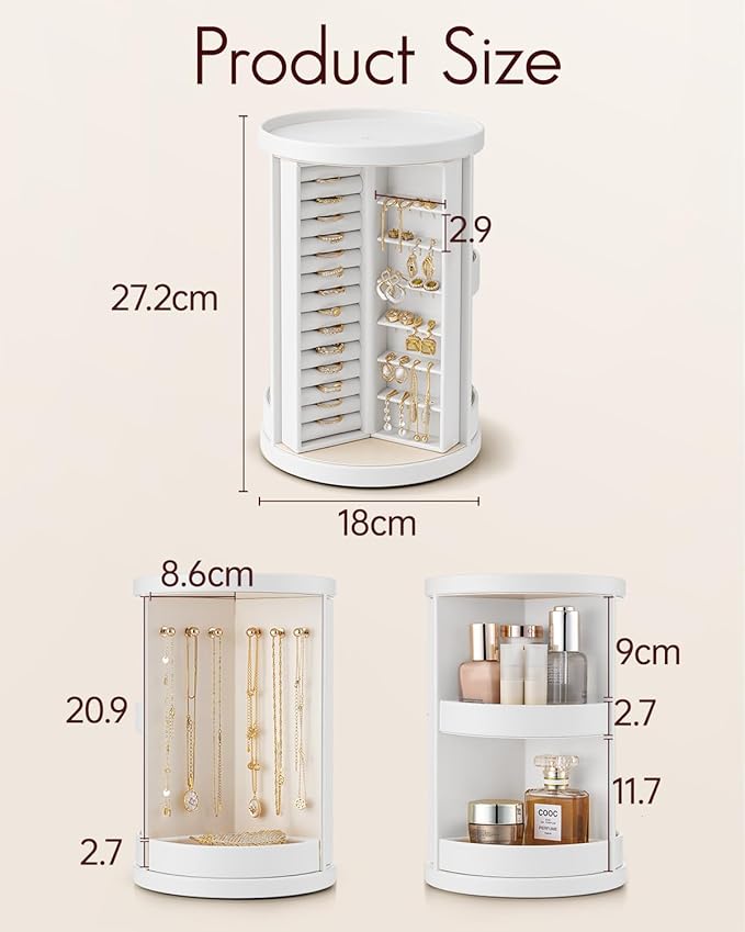 VLANDO 360°Rotating Jewelry Box,Earring Organizer Large Vertical Jewelry Organizer with 6 Necklace Hooks, Open Ring Display S