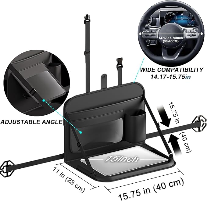 GMQ Backseat Car Organizer with Detachable Steering Wheel Tray 1 Pack,Car Back Seat Laptop Desk, Multifunctional Food Tray,Back Seat Car Storage & Tablet Holder for Kids (Black, 1PC)