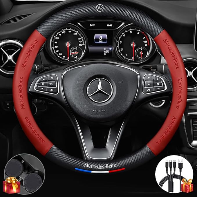Customized Steering Wheel Cover Compatible with Mercedes-Benz, Nappa Leather & Carbon Fiber Design Car Steering Wheel Cover, with Coasters and 3-in-1 USB Fast Charging Cable (Red)