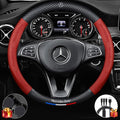 Customized Steering Wheel Cover Compatible with Mercedes-Benz, Nappa Leather & Carbon Fiber Design Car Steering Wheel Cover, with Coasters and 3-in-1 USB Fast Charging Cable (Red)