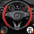 Customized Steering Wheel Cover Compatible with Mercedes-Benz, Nappa Leather & Carbon Fiber Design Car Steering Wheel Cover, with Coasters and 3-in-1 USB Fast Charging Cable (Red)