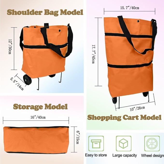 Collapsible Shopping Grocery Bag With Wheels Rolling Tote Bag With Wheels Large Reusable Foldable Shopping Cart(Orange,Large)