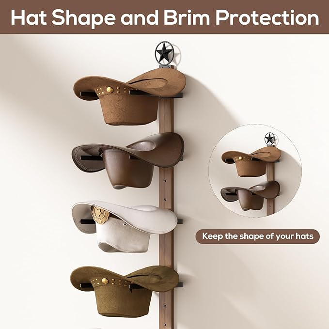 Cowboy Hat Rack for Wall – 3-Piece Western Hat Holder, Rustic Wooden & Metal Wall Mounted Cowboy Hat Organizer, Holds up to 6
