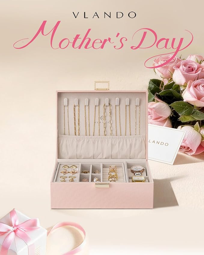 VLANDO 2 Layer Jewelry Box Large Jewelry Organizer for Mothers Day Mom Gifts Jewelery Tray with Watch Pillow for Necklace Ear