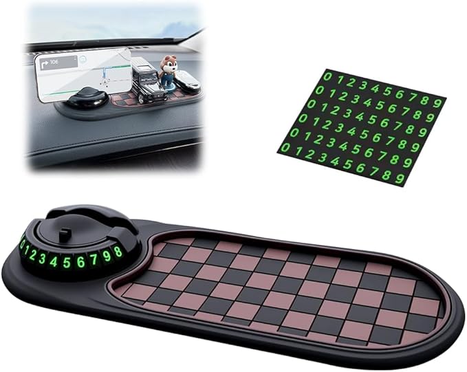 Multifunction Car Anti-Slip Mat, Non-Slip Dashboard Storage Pad with 360° Rotatable Phone Holder & Temporary Parking Number, 