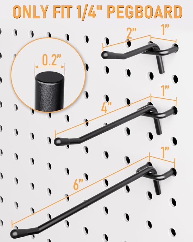 INCLY 60 Pack 2/4/6 Inch Black Pegboard Hooks, 1/4" Heavy Duty Peg Board Shelving Hooks Accessories, Peg Board Tool Hangers F