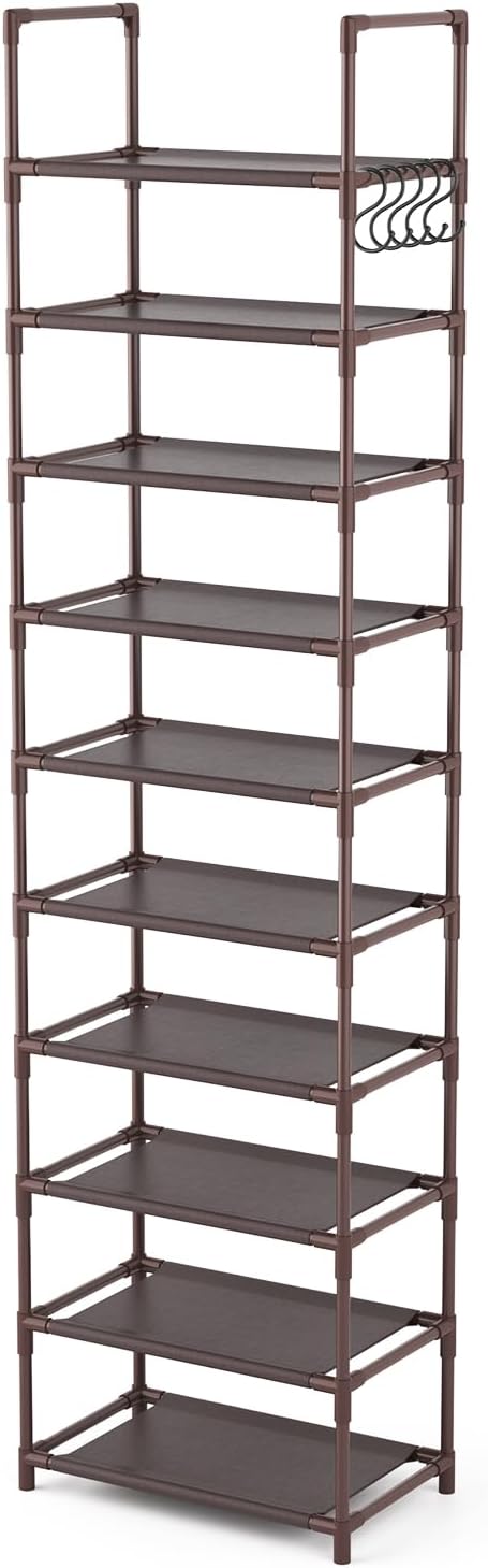 LANTEFUL 10 Tiers Tall Shoe Rack 20-25 Pairs Boots Organizer Storage Sturdy Narrow Shoe Shelf for Entryway, Closets with Hook