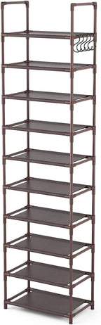 LANTEFUL 10 Tiers Tall Shoe Rack 20-25 Pairs Boots Organizer Storage Sturdy Narrow Shoe Shelf for Entryway, Closets with Hook