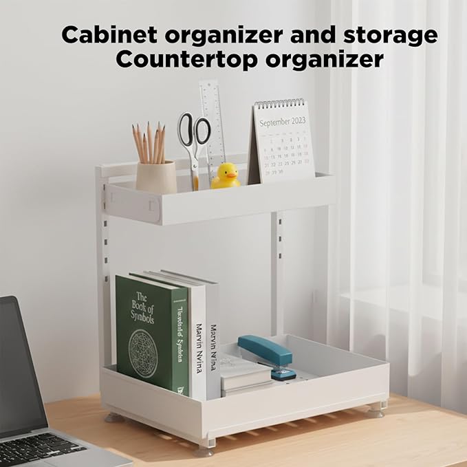 Under Sink Organizer, Bathroom Counter Organizer, 2 Pack 2 Tier L-Shape White, Adjustable Height Carbon Steel, Under Cabinet 