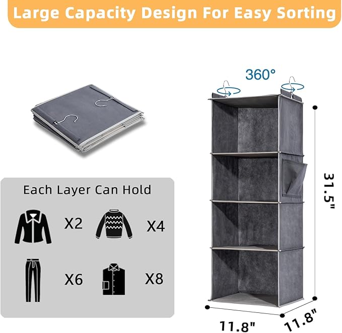 2 Packs Hanging Closet Organizer, 4-Shelf Closet Organizers and Storage with Side Pockets, Collapsible Hanging Shelves for Cl