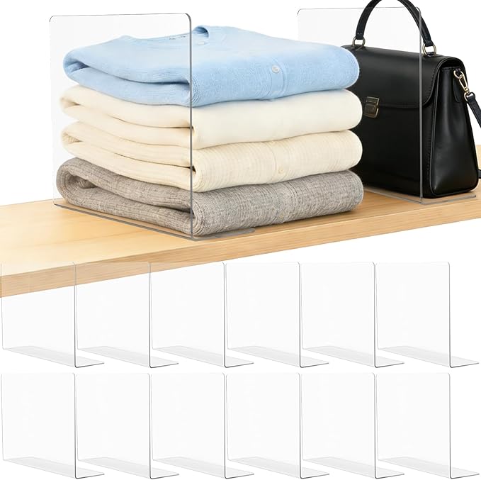 Shelf Dividers for Closet Organization: 12" Tall x 12" Deep Acrylic Shelf Dividers for Clothes Sweater Purse - Clear Closet O