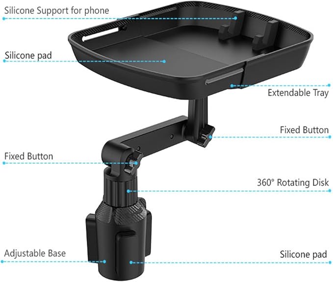 Kelofam Larger Cup Holder Tray, 10 inch Car Food Tray for Eating, Detachable 3 in 1 Car Cup Holder Expander and 360° Rotating