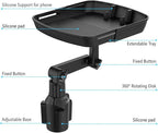 Kelofam Larger Cup Holder Tray, 10 inch Car Food Tray for Eating, Detachable 3 in 1 Car Cup Holder Expander and 360° Rotating