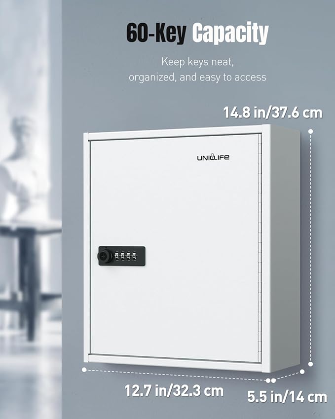 Uniclife 60 Position White Key Cabinet Steel Security Storage Box with Combination & Key Lock, Resettable, Digital, Adjustabl