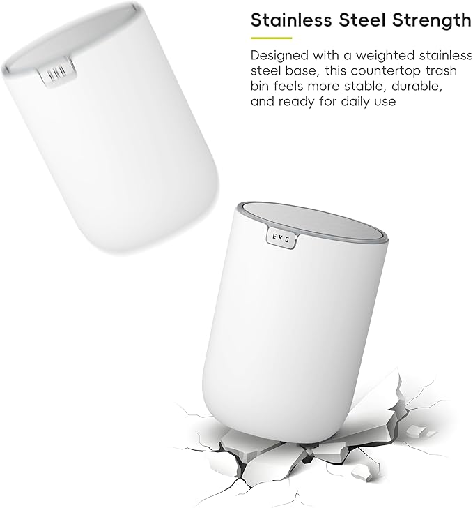 EKO Fandy 0.58 Gal/2.2L Mini Trash Can with Lid, Swing-Top Desktop Trash Can for Bathroom, Countertop, Vanity, Desk or Office, Small Garbage Bin (White)