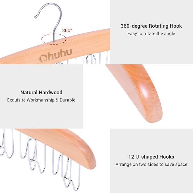Belt Hanger Organizer for Closet: Ohuhu 2 Pack 12 Hooks Max 36 Belts Tie Rack Wooden Belt Holder for Storage 360 Degree Rotat