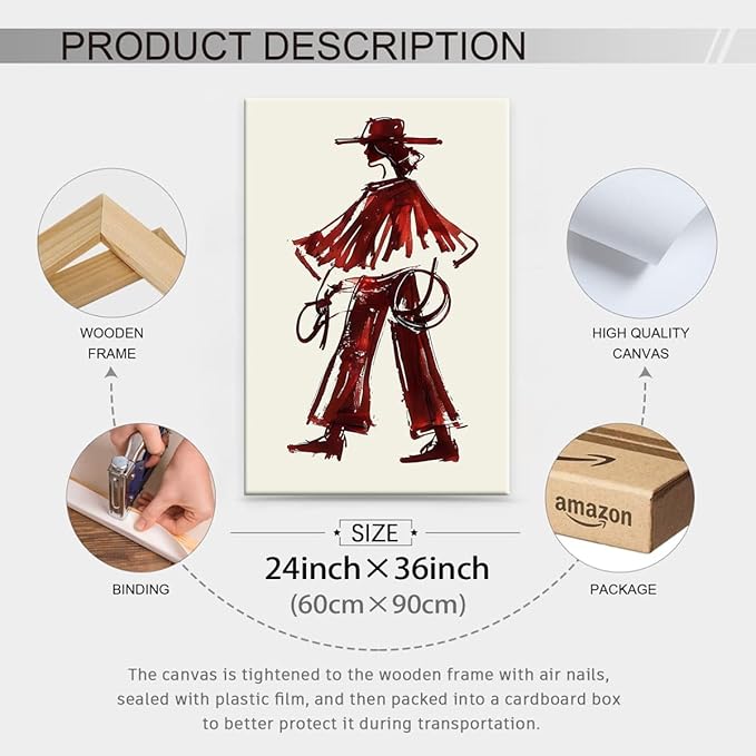Vintage Western Cowboy Framed Wall Art Decor Red Wine Cowgirl Posters Burgundy Cowgirl Prints Midwest Rustic Cowboy Painting 
