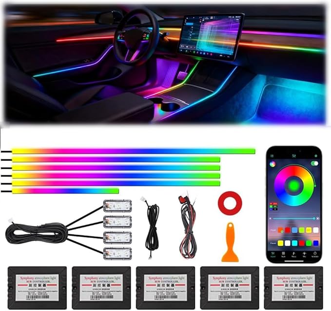 Acrylic Interior Car Ambient Lighting, Interior RGB LED Strip Kit with Music Sync Mode, 55 Inch Length Suitable for Pickup, Trucks, SUV and Large Vehicles (10 in 1)