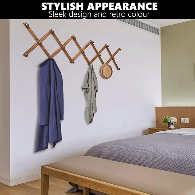 Amber Home Wood Accordion Wall Rack 17 Hooks (Pegs), Expandable Wall Mounted Hanger for Coat, Hat, Scarf, Coffee Mugs, X Shap