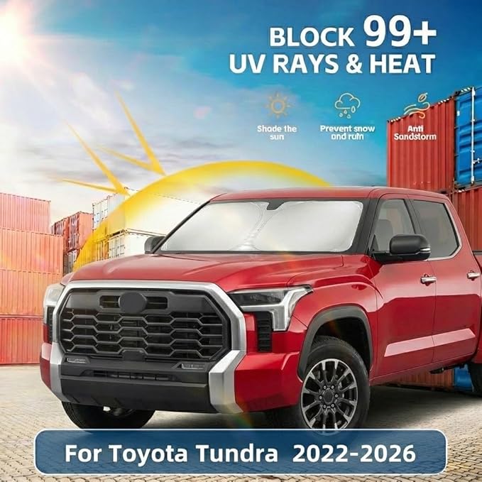 Windshield Sun Shade for Toyota Tundra 2022-2025 2026 Front Window Shade Custom Fit Tundra Limited, SR5, Platinum, TRD Pro Sun Visor Foldable Shade Blocks UV Rays Summer Must Have Car Accessories